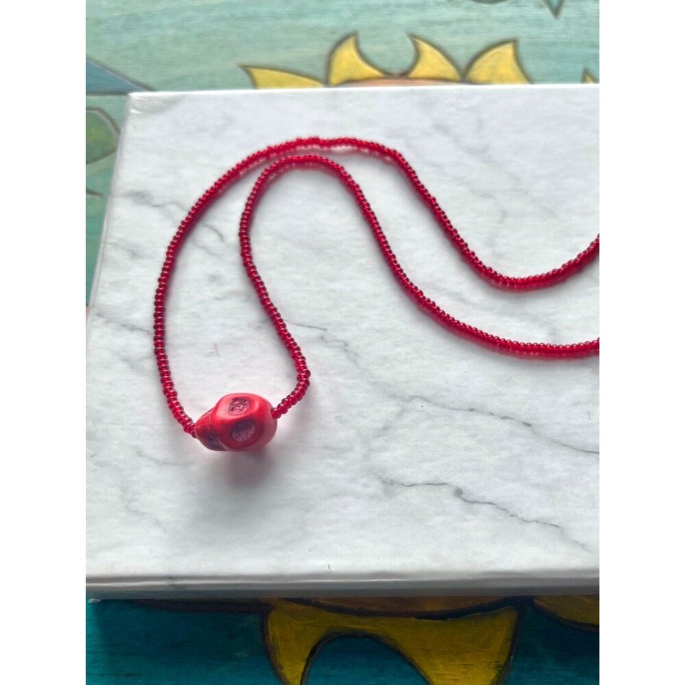 Red Candy Skull Seed Beaded Choker Necklace